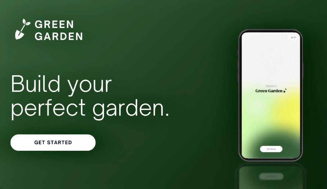 Green Garden App Picture of a phone with the Green Garden App intro screen